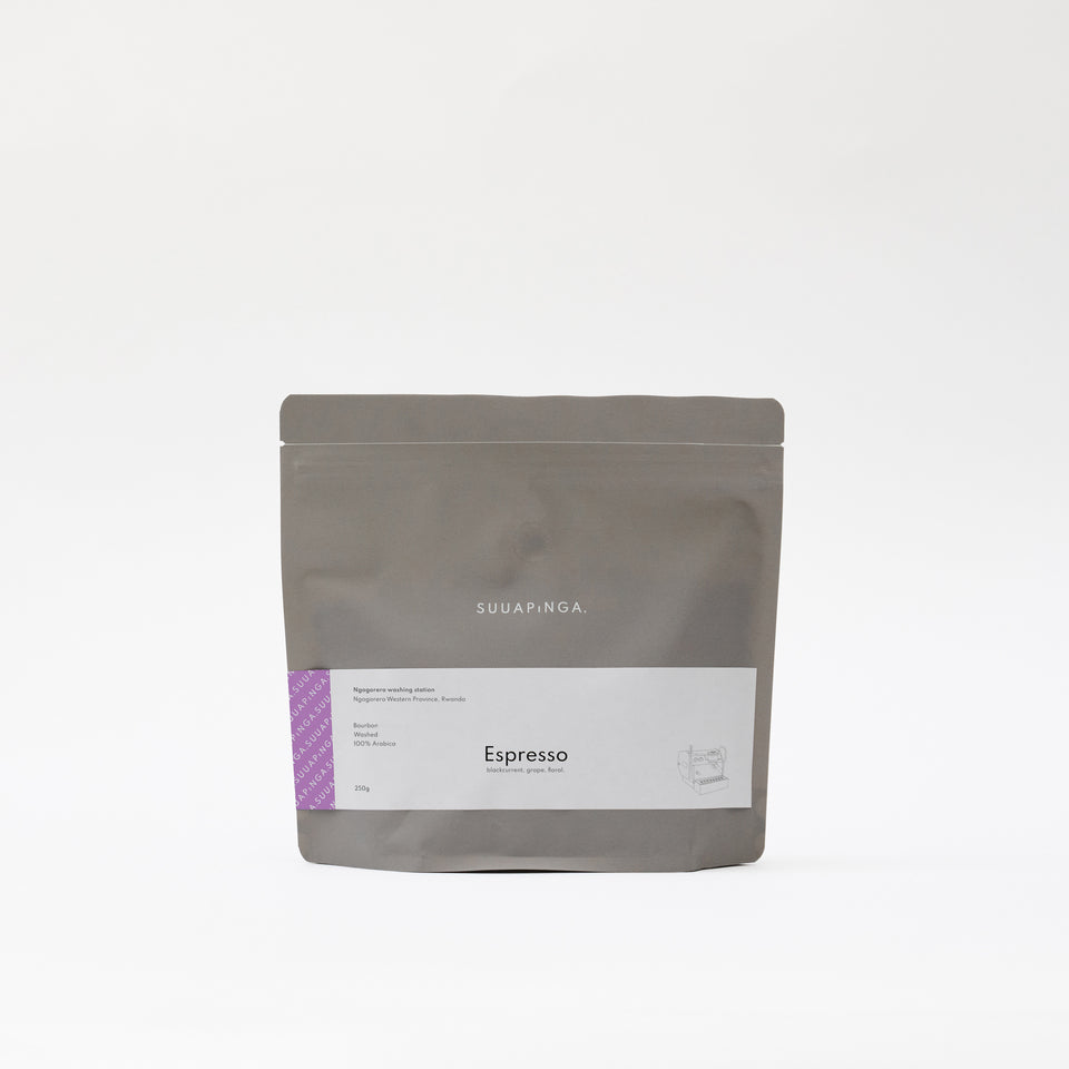 Gray coffee packaging with 'SUUANPNGA' branding on a white background